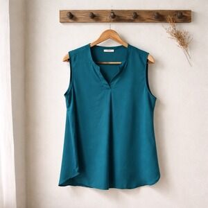 Timeson Blouse Womens XL Teal Blue Excellent Sleeveless V-Neck Pleated Front
